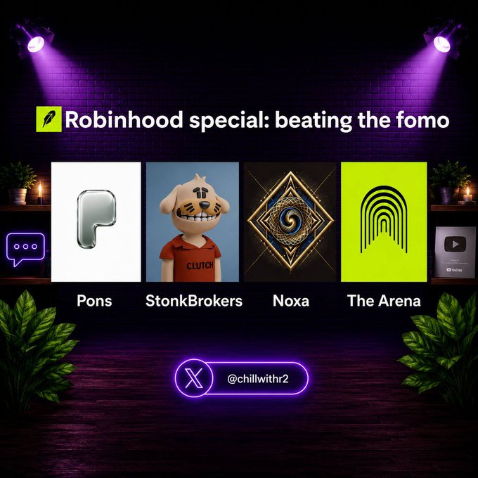 A promotional graphic for a "ChillwithR2" livestream titled "Robinhood special: beating the fomo," featuring guest speakers Pons, StonkBrokers, Noxa, and The Arena, with an X handle "@chillwithr2" displayed at the bottom. The image visually represents the announced special episode focused on Robinhood, highlighting the lineup of guests who will discuss onchain data, TVL trends, and native dApps like Uniswap.