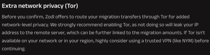 Text block explaining 'Extra network privacy (Tor)' for Zodl migrations, recommending Tor routing for IP privacy or a trusted VPN like NYM before continuing.