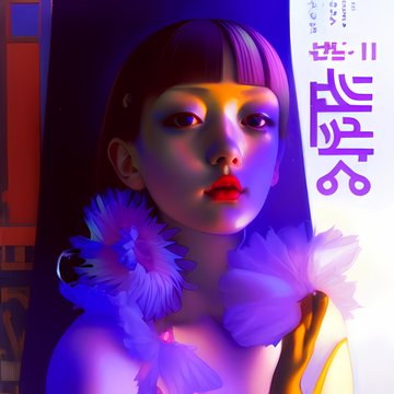 A stylized digital portrait of a young woman with bangs bathed in purple and blue neon lighting, wearing a fluffy purple collar, with Asian characters visible in the background.
