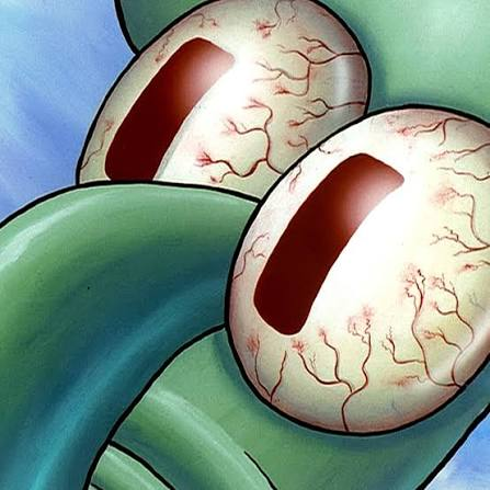 This image is a close-up of Squidward's wide, bloodshot eyes from SpongeBob SquarePants. The accompanying post suggests that this image is a reaction to something @zachxbt posted this morning, likely something that shocked or worried Squidward.