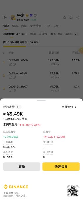 A Binance app screenshot displays a cryptocurrency trading interface with the ticker '牛来' showing holdings of 15,210.86702 tokens valued at approximately ¥5.49K.