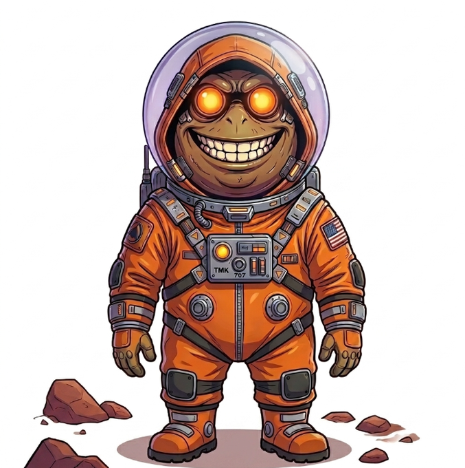 A cartoon illustration of a monkey in an orange spacesuit with glowing orange eyes, wearing a "TMK 707" chest patch and an American flag patch, standing among rocks.
