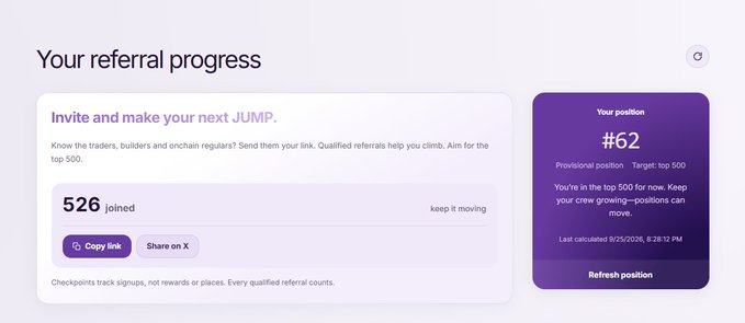 A referral progress dashboard shows 526 joined referrals with a provisional position of #62 out of a target top 500, featuring options to copy the referral link or share on X.