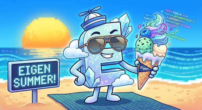 A colorful cartoon mascot featuring a crystalline character wearing sunglasses and holding an 'Eigen' ice cream cone on a beach, with a sign reading 'EIGEN SUMMER!' and some code/JSON text visible on the right.