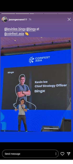 An Instagram story from 'jasongeovanni11' tagged @kevinlee.bingx @bingx at @coinfest.asia, showing Kevin Lee, Chief Strategy Officer of BingX, presenting on stage at the CoinFest Asia conference.
