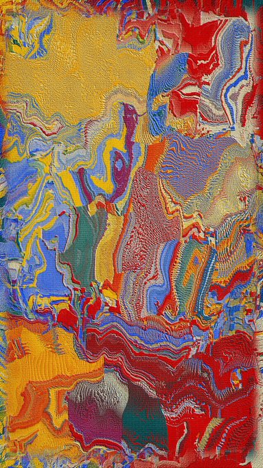 An abstract artwork featuring swirling, distorted patterns in vibrant shades of red, blue, yellow, green, and purple with a glossy, fluid texture.