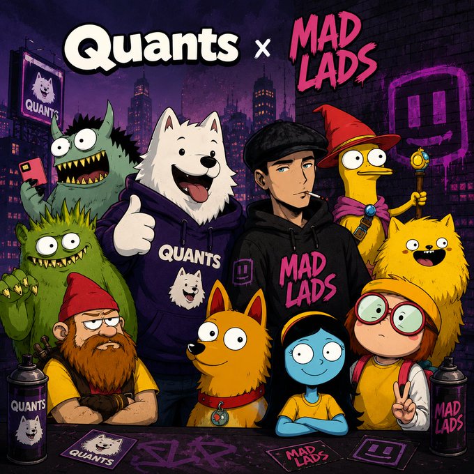 A vibrant promotional illustration for a "Quants x MAD LADS" collaboration featuring cartoon-style characters including a Samoyed dog, a gnome, a yellow creature in a wizard hat, a blue figure, and others against a purple cityscape background, with spray paint cans labeled QUANTS and MAD LADS in the foreground.