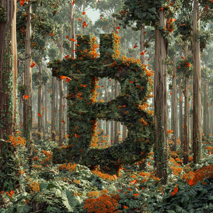 A large structure shaped like the letter 'B' covered in green foliage and orange flowers, standing in a misty forest filled with tall trees and orange butterflies.
