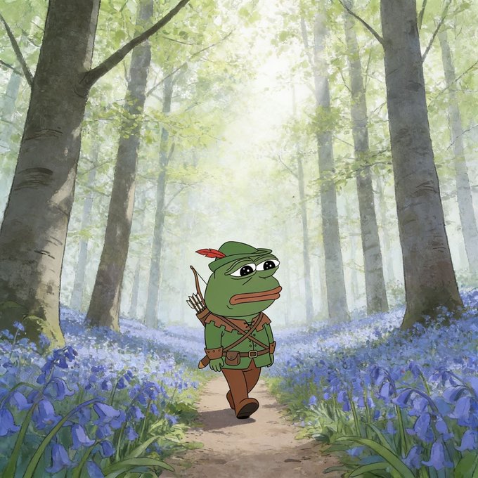 An illustration of a sad-looking Pepe the Frog dressed as Robin Hood walking through a sunlit forest filled with bluebell flowers.