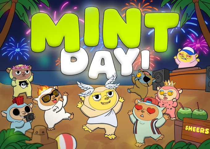 A colorful cartoon illustration titled 'MINT DAY!' featuring various cute animal characters partying on a beach at night with fireworks and coconuts.