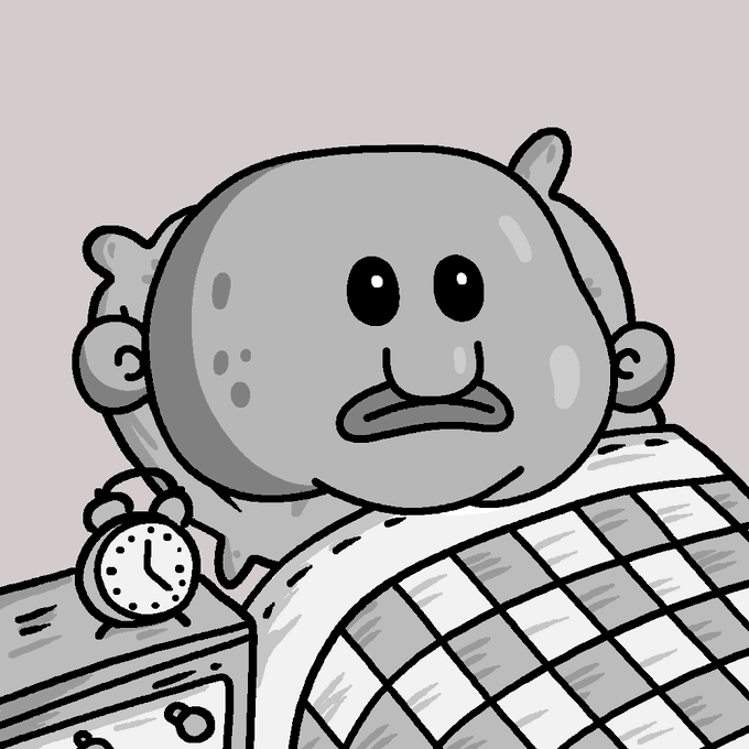 A cartoon illustration of a grey, round-faced character in bed with an alarm clock on the nightstand, looking tired or worried.