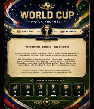 The image is a "World Cup Match Prophecy" graphic forecasting Portugal to defeat Colombia 2-1 with a 61% confidence, highlighting Portugal's superior stamina and attack. It supports the post's theme of using AI-powered prediction tools like Cookieverse to make informed World Cup bets.