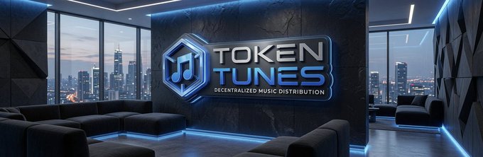 A futuristic lounge with 'TOKEN TUNES - DECENTRALIZED MUSIC DISTRIBUTION' logo displayed on a textured wall, with a city skyline visible through the windows.