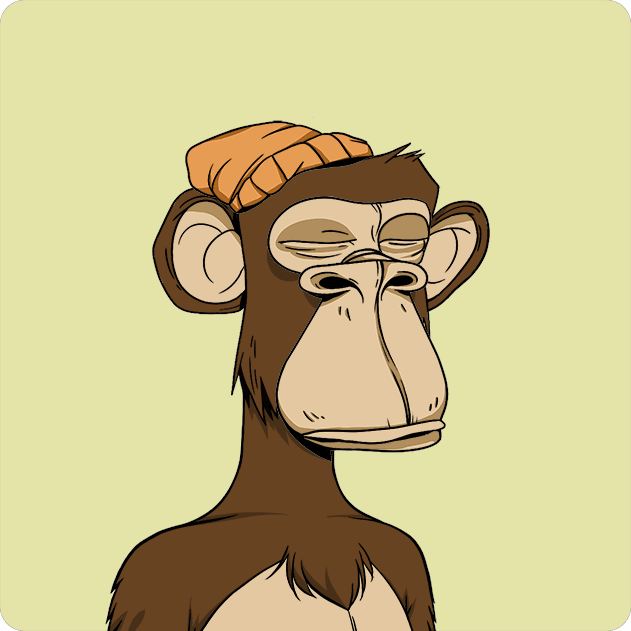 A cartoon-style illustration features a brown ape character wearing a tan beanie hat, with closed, weary-looking eyes and a prominent muzzle, set against a pale yellow background—visually representing Bored Ape #3519 from the Bored Ape Yacht Club NFT collection.