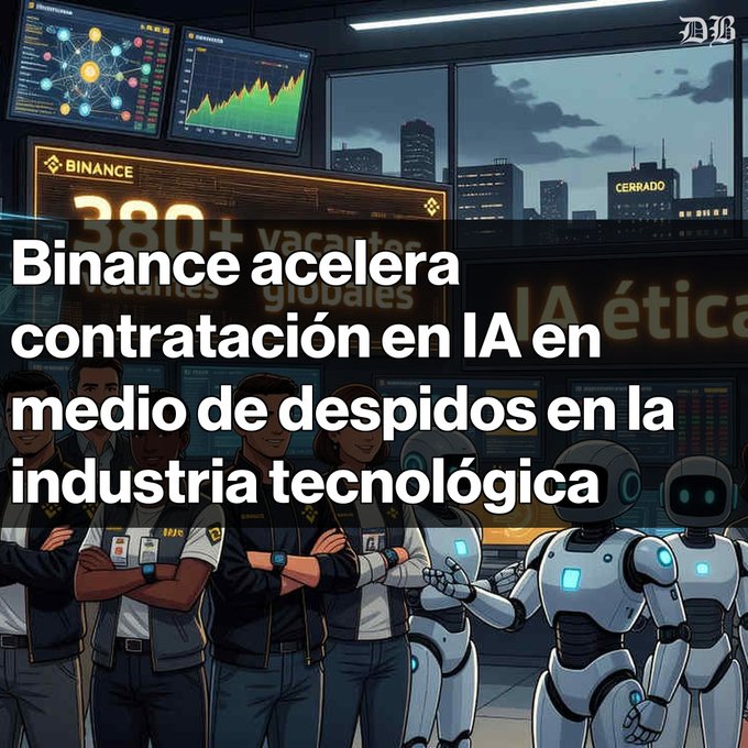 The image features a group of seven people standing in front of a large screen, with an industrial scene visible behind them that also has the same color scheme as their attire. The backdrop includes tall buildings, indicating that this setting could be an office or manufacturing facility. Above the group, there is a digital billboard that reads "Binance expande su plantilla global con más de 380 vacas en medio de despidos en la industria tecnológica. El 20% de nuevas contrataciones están enfocadas en inteligencia artificial." It appears to be a promotional image for the cryptocurrency exchange Binance, which is expanding its presence in various industries such as finance and technology. The people appear to be either employees or representatives of the company, given their uniforms with ties.