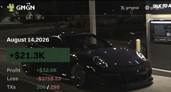 A dark sports car is parked at a gas station at night, with overlaid text showing 'GMGN', 'August 14, 2026', '+$21.3K', Profit '+$32.6K', Loss '-$3758.23', and 'TXs 306/298'.