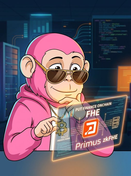 A digital illustration of a cartoon monkey wearing sunglasses and a pink hoodie, interacting with a futuristic interface promoting 'PUT FINANCE ONCHAIN FHE' and 'Primus zkFHE'.
