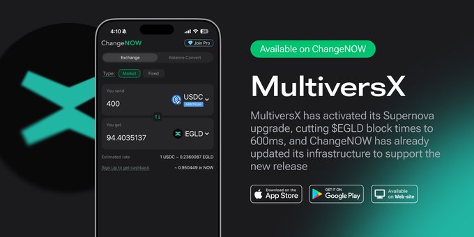 The image promotes ChangeNOW's support for MultiversX's Supernova upgrade, featuring a mobile app screen showing a swap of 400 USDC for 94.4035137 EGLD, alongside text highlighting the reduction of $EGLD block times to 600ms and ChangeNOW's upgraded infrastructure.