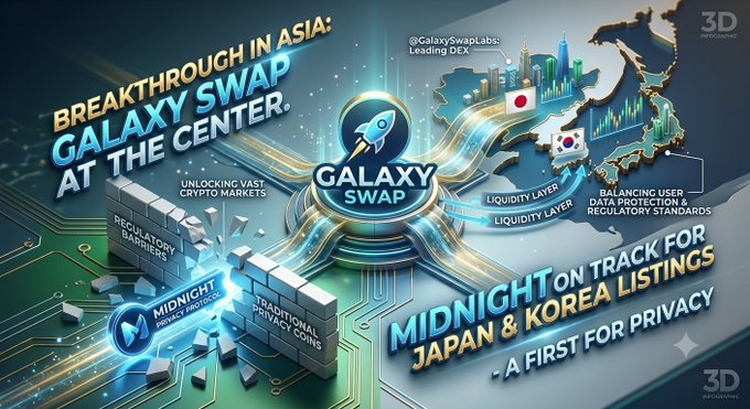 A promotional graphic for Galaxy Swap cryptocurrency featuring text 'BREAKTHROUGH IN ASIA: GALAXY SWAP AT THE CENTER' and 'MIDNIGHT ON TRACK FOR JAPAN & KOREA LISTINGS - A FIRST FOR PRIVACY'.