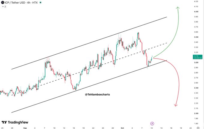 A 4-hour TradingView chart of ICP/Tether USD on HTX shows price action within an ascending channel, with the current level at 3.13, where a green arrow projects a bullish breakout toward 4.00 and a red arrow indicates a bearish breakdown toward 2.20, visually illustrating the two scenarios outlined in the accompanying analysis.