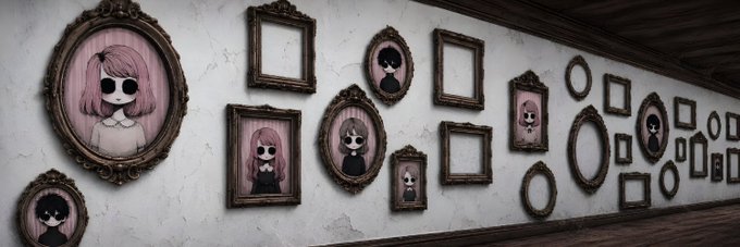 An art gallery wall displays numerous ornate, empty frames alongside a few framed portraits of stylized, wide-eyed characters in gothic attire.
