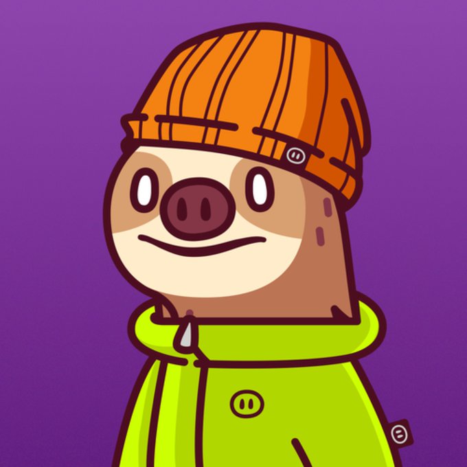 A digital illustration of a cartoon sloth character wearing an orange knit beanie and a bright green hoodie, smiling against a solid purple background.