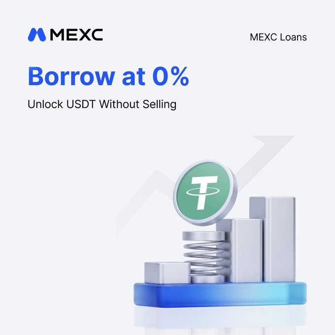 A MEXC Loans promotional graphic featuring the headline "Borrow at 0% — Unlock USDT Without Selling," alongside 3D illustrations of stacked coins, an upward growth arrow, and a green USDT (T) token, visually reinforcing the offer to use crypto like BTC, ETH, SOL, and XRP as collateral to borrow USDT at zero interest.