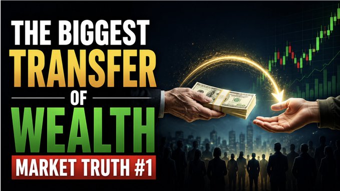 YouTube thumbnail-style graphic with bold text reading 'THE BIGGEST TRANSFER OF WEALTH' and 'MARKET TRUTH #1', depicting hands exchanging a stack of money with a glowing arrow over a city skyline and stock chart.