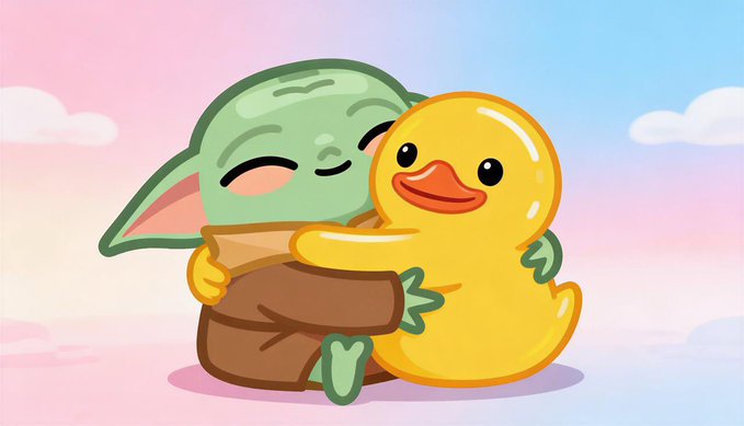A cute green goblin-like character joyfully hugs a yellow rubber duck against a soft pastel sky, evoking a warm, whimsical moment of companionship. This charming illustration ties into the post's narrative about Matt Furie's artist meta on the TON blockchain, where characters like the "Ducky" and goblin-themed NFTs build community-driven art ecosystems.