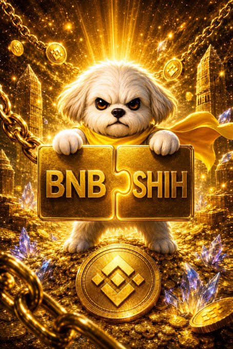 A digital illustration of a small white fluffy dog wearing a yellow cape, holding two puzzle-piece-shaped gold bars labeled 'BNB' and 'SHIH', surrounded by gold coins, BNB tokens, and chains.
