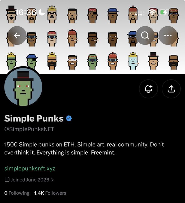 A screenshot of the verified "Simple Punks" Twitter/X profile (@SimplePunksNFT) featuring pixel-art punk avatars, promoting a freemint of 1,500 Simple Punks on ETH at simplepunksnft.xyz—aligning with the post's alert about the upcoming low-supply freemint worth following.