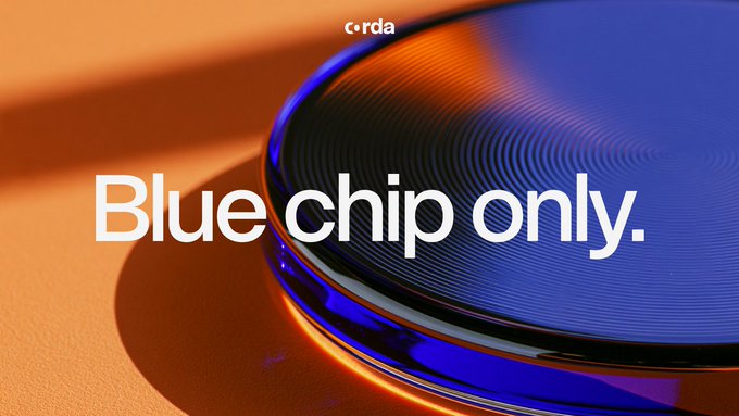 An advertisement graphic showing a blue circular object on an orange surface with the 'corda' logo and text 'Blue chip only.' in white.