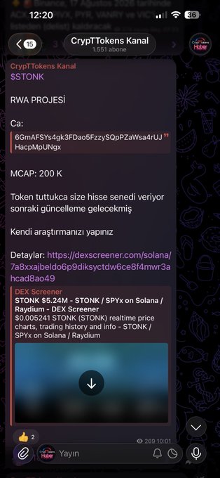 A Telegram message in the 'CrypTTokens Kanal' group detailing an RWA project with a token mint address, 200 K market cap, and links to DEX screeners for $STONK.
