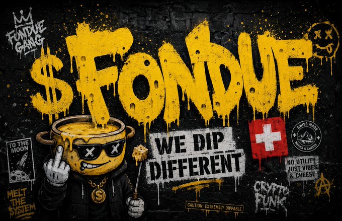 A graffiti-style street art illustration featuring a cartoon pot of cheese fondue wearing sunglasses and a '$' chain, with bold yellow drip-text reading '$FONDUE WE DIP DIFFERENT' and supporting tags like 'FUNDUE GANG', 'TO THE MOON', 'CRYPTO FUNK', and 'NO UTILITY JUST VIBES & CHEESE'.