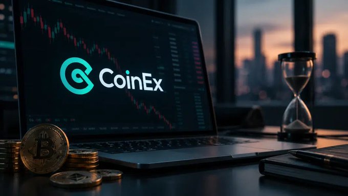 A promotional image displays the CoinEx logo and branding on a laptop screen showing a trading chart, accompanied by physical Bitcoin and cryptocurrency coins and an hourglass on the desk.