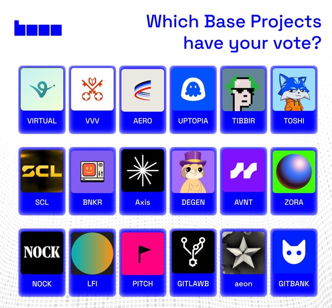 The image shows a collection of logos for Base Projects, with each logo representing a different project or initiative. These projects include virtual reality, artificial intelligence, and Augmented Reality. The logos are displayed in various colors such as blue, pink, orange, green, purple, and white. The post asks the viewer to determine which base projects have their vote, encouraging them to consider the options presented on the image and make an informed decision based on their preferences or interests.