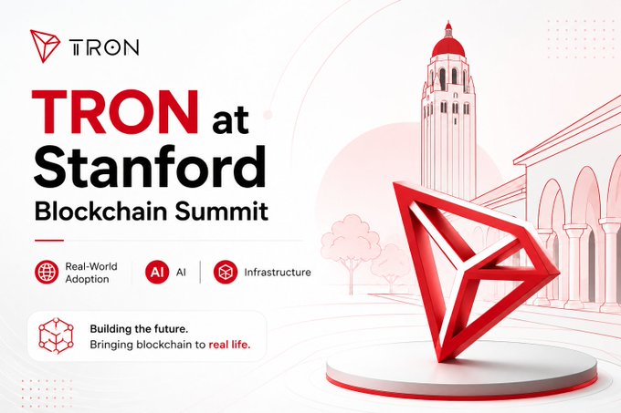 A promotional graphic announcing "TRON at Stanford Blockchain Summit" featuring the TRON logo alongside a red 3D diamond/pyramid sculpture with Stanford University buildings in the background, highlighting Real-World Adoption, AI, and Infrastructure.