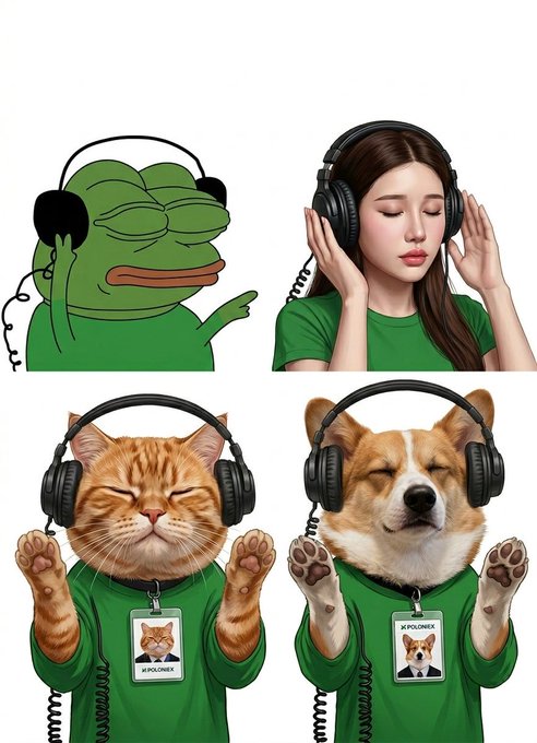 Four cartoon-style illustrations showing characters (Pepe the Frog, a woman, a cat, and a Shiba Inu dog) wearing headphones and green shirts with 'KPOLONEK' name tags.