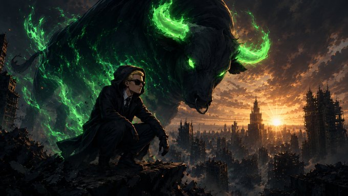 A suited figure crouches beside a massive, green-glowing spectral bull looming over a sprawling cityscape at sunset, symbolizing bullish conviction and unwavering long-term commitment despite market uncertainty.