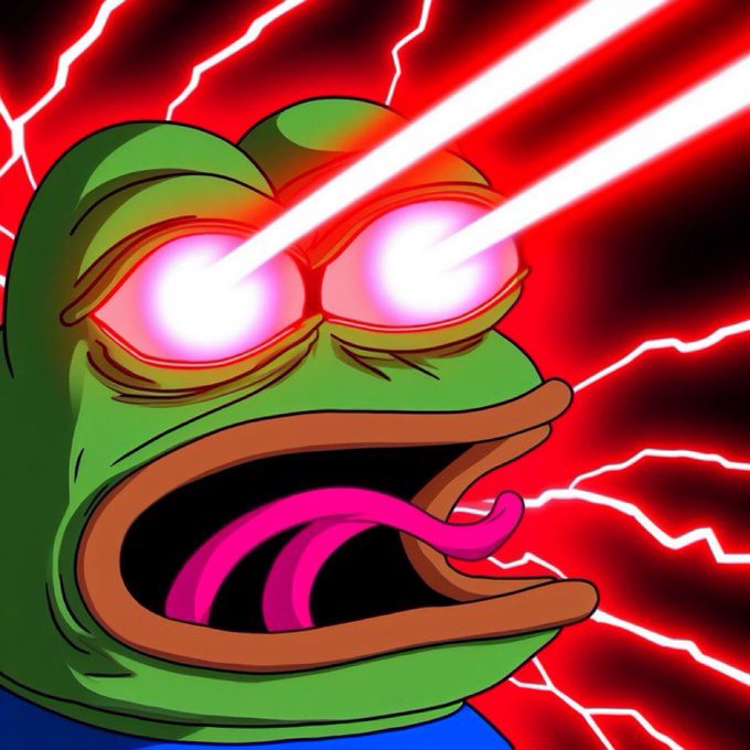 An intense illustration of the Pepe the Frog meme depicted with glowing red laser beams shooting from his eyes against a red background with lightning bolts.