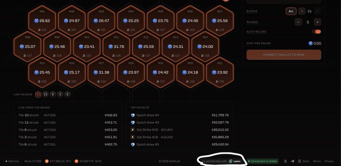 A screenshot of a crypto/blockchain gambling interface showing hexagonal blocks with various numbers (prices), featuring 'LIVE FROM THE BOARD', 'TOP PAYOUTS' sections, and statistics for Block 57,506.