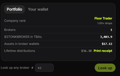 Dark-mode digital portfolio interface showing 'Floor Trader' company rank, 1 broker, 3,403.9 $STONKBROKER tokens in TBAs, $17.12 assets, and $36.30 lifetime distributions.