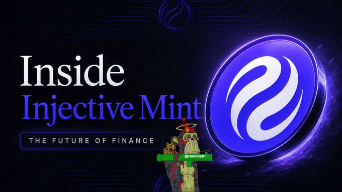 A promotional banner reading 'Inside Injective Mint - The Future of Finance' alongside a stylized gorilla character and the Injective logo.