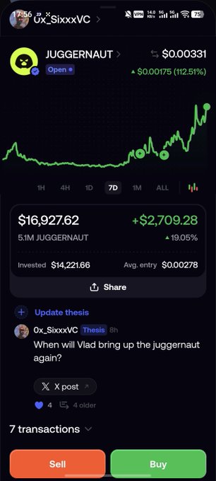 A mobile trading app screenshot showing a 'JUGGERNAUT' token chart with a price of $0.00331, a portfolio value of $16,927.62, and a post asking 'When will Vlad bring up the juggernaut again?'