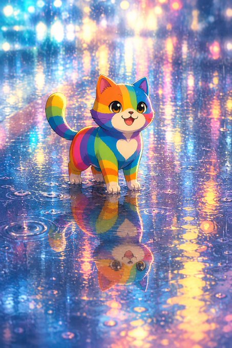 A colorful rainbow-striped cartoon kitten with a heart on its chest stands in a puddle on a wet street, with its reflection visible below and city lights bokeh in the background.