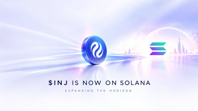 A promotional graphic announces '$INJ IS NOW ON SOLANA - EXPANDING THE HORIZON' featuring the Injective and Solana logos.