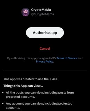 The image shows an X (formerly Twitter) app authorization prompt from "CryptoMaMa" (@1CryptoMama), requesting permission to view all posts and accounts, with a "Cancel" option in red. This aligns with the post promoting a time-sensitive opportunity to connect your X account to the Trenches platform on Solana to earn "stars" tied to platform activity, suggesting the image illustrates the account authorization step (step 2) in the process.