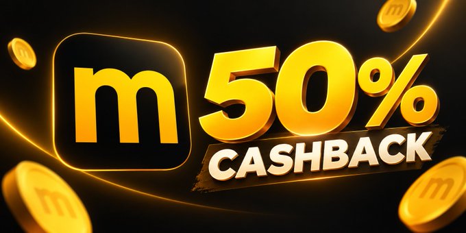 A promotional banner with a gold and black color scheme displays the letter "m" in an app icon alongside bold "50%" text and the word "CASHBACK" on a dark banner, with floating coins bearing the same "m" logo in the background. The image visually reinforces the post's announcement that early NFT minters have received a 50% cashback of their mint fee in their wallets.
