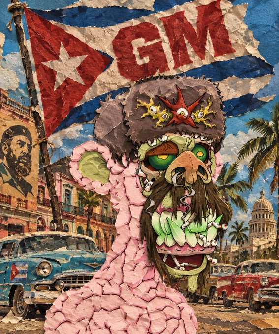 Collage-style artwork showing a Cuban flag with "GNM," a distorted zombie-like figure wearing a hat, classic cars, palm trees, and Che Guevara imagery in the background.