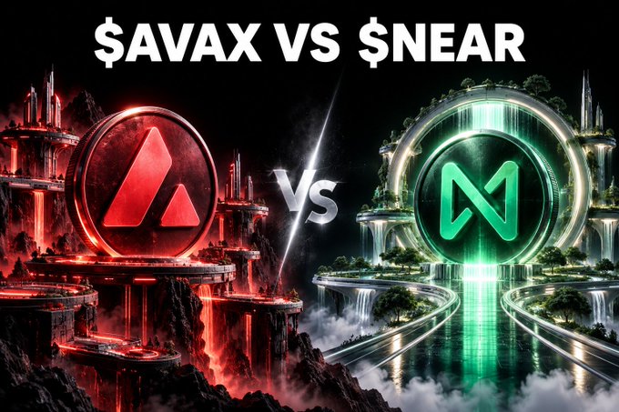 A digital promotional graphic displays '$AVAX VS $NEAR' with the red Avalanche logo on the left and the green Near Protocol logo on the right, set against contrasting futuristic landscapes.